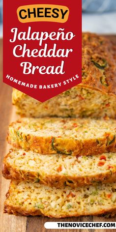 the cheesy jalapeno cheddar bread is cut into slices