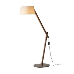 a wooden floor lamp with a white shade on the base and a cord attached to it