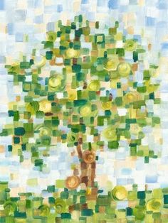 an abstract painting of a tree with green and yellow circles in the shape of squares