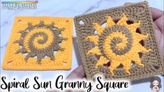 two crocheted squares with the words spiral sun granny's square on them