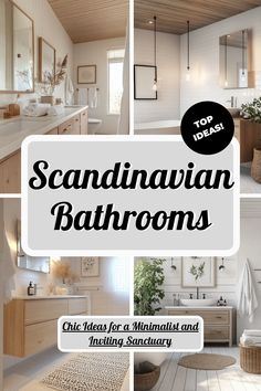 a bathroom with white walls and wooden floors, including the words scandinavian bathrooms written in black