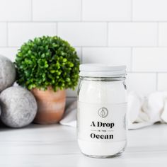 a glass jar sitting on top of a counter next to a potted plant