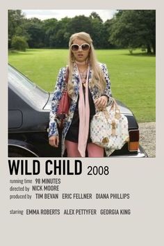 a woman standing next to a black car with a handbag in her purse and the words wild child on it