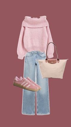 Outfit idea Collage Outfits, Pink Outfit, Shoulder Sweater, Adidas Shoes