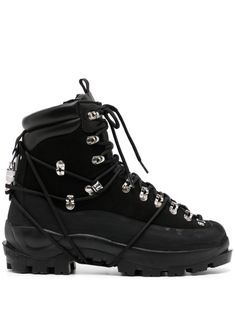 black leather round toe front lace-up fastening carabiner attachment pull-tab at the tongue Vibram® sole Outdoor Black Lace-up Boots, Black Outdoor Boots With Lace-up Fastening, Black Outdoor Boots With Front Lace-up Fastening, Leather Lace-up Hiking Boots With Studded Outsoles, Outdoor Leather Lace-up Boots, Heliot Emil, Chelsea Boots Mens, Leather Hiking Boots, Basket Sport