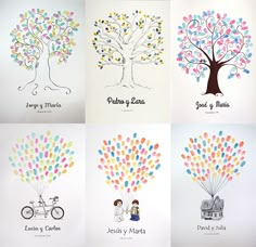 four different family tree cards with names and colors