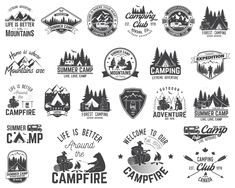 camping badges and emblems set