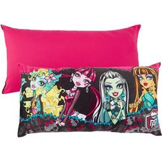 two pillows with monster dolls on them and one has pink trimming around the edges