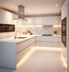 a modern kitchen with white cabinets and marble counter tops is lit by recessed lighting