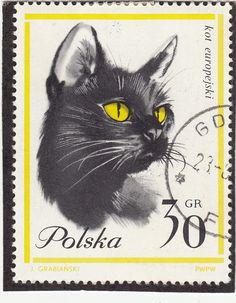 a postage stamp with a cat's face and yellow eyes