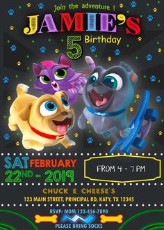 an image of a birthday party with cartoon characters on the front and back of it