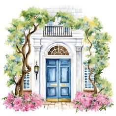 a watercolor painting of a blue front door with pink flowers and trees around it