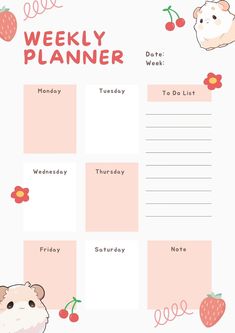 a weekly planner with animals and berries on it