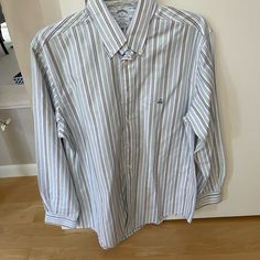 Washed But Never Worn. Excellent Condition. Casual Light Blue Dress Shirt With Spread Collar, Casual Striped Tops For Business, Casual Light Blue Short Sleeve Dress Shirt, Light Blue Casual Business Shirt, Casual Light Blue Business Shirt, Casual Striped Dress Shirt For Summer, Casual Blue Dress Shirt For Daywear, Casual Short Sleeve Dress Shirt For Daywear, Casual Dress Shirt For Daywear