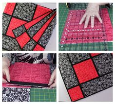 four pictures showing how to make a patchwork table runner with red and black squares