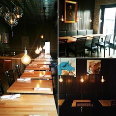 the tables and chairs are lined up at the restaurant