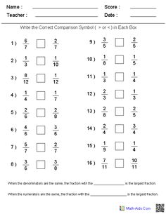 printable worksheet for comparing fraction numbers