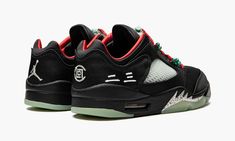 The Clot x Air Jordan 5 Low “Jade” is a collaboration that pairs Edison Chen’s streetwear brand with Jordan Brand on a colorway of the retro basketball shoe dedicated to China’s adoration for the green mineral.  In Chinese culture, the jade symbolizes virtue, kindness, wisdom, and more, and those principles are celebrated to the fullest degree on the aptly named “Jade” Jordan 5.  The shoe features a black satin-like textile on its upper that is contrasted with translucent netting on the sides an Jordan 5 Low Clot, Air Jordan 5 Retro Low, All Jordans, Sneakers Box, Nike Air Jordan 5, Kobe Shoes, Retro Basketball Shoes, Jordan 5 Retro, Grey Heels