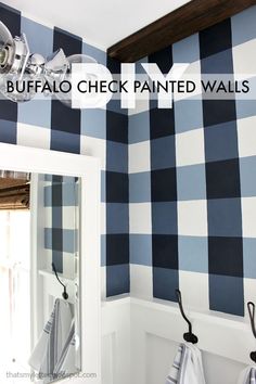 blue and white buffalo check painted walls in a bathroom with the words buffalo check painted walls above it