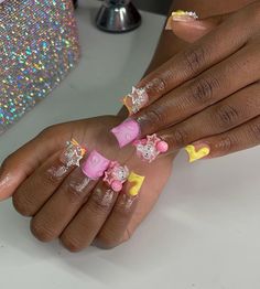 Yellow Duck Nails, Hello Kitty Duck Nails, Duck Nails With Charms, Yellow Hello Kitty, Nail Piercing