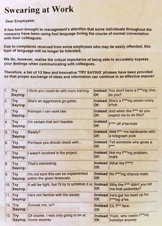 a piece of paper with instructions on how to use the word swearing at work