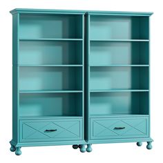 a blue bookcase with two drawers on the front and one drawer on the back