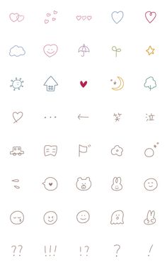 the icons are drawn in different colors and shapes, including hearts, clouds, stars, and other things