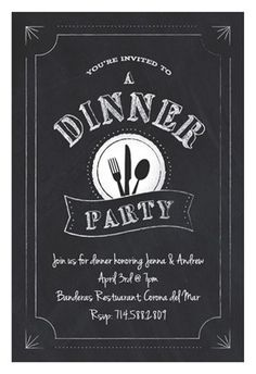 a dinner party flyer with fork and spoons on it's black paper background