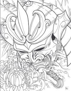 an image of a mask in the water with plants and flowers around it coloring page