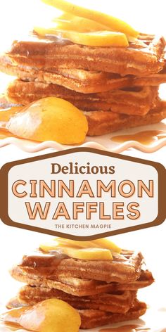 the delicious cinnamon waffles are stacked on top of each other