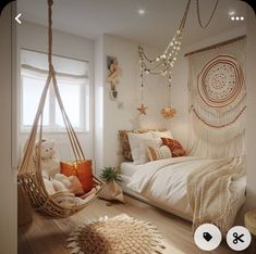 a bedroom with a hammock hanging from the ceiling and pillows on the floor