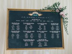 the seating chart for friends and family is displayed on a blackboard with greenery