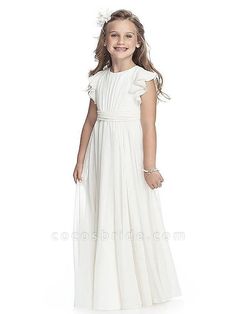 A-Line Round Neck Floor Length Chiffon Junior Bridesmaid Dress With Sash / Ribbon / First Communion Chiffon Dresses With Ruffles For Dress-up, Elegant Chiffon Dress For Dress-up Occasions, Princess Style First Communion Summer Dress, Princess Style Summer First Communion Dress, Princess Style Summer Dress For First Communion, Summer Princess Style White Gown, White Princess Style Confirmation Dress, White Summer Gown For Dress-up, White Princess Style Dress For Confirmation