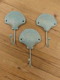 three sea shell shaped hooks on a wooden floor