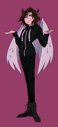 an anime character with angel wings on her body and black pants, standing in front of a