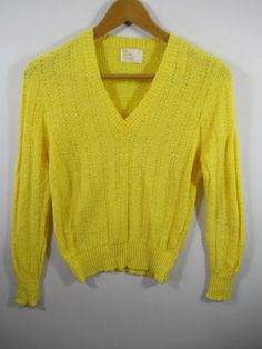 "Vintage 80s V-neck Sweater, Yellow, Womens, It's Pure Gould Size and fabric content not marked. Approx. 17\" pit to pit and 22\" length shoulder to hem. Looks great!" 80's Hairstyle, Yellow Sweater, Retro Outfits, V Neck Sweater, Women Pullover, Ruffle Dress, Vneck Sweater, Vintage Clothing, Neck Sweater