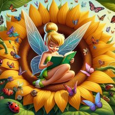 a fairy sitting on top of a sunflower with butterflies around her and reading a book