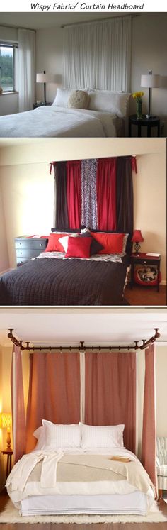 two pictures of a bed with red and white curtains on the headboard, and an image of a four poster bed