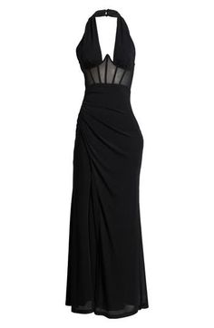 Turn heads in this sultry night-out gown designed in a sleek halter silhouette with a mesh bodice and structured boning. Halter neck Lined 95% nylon, 5% spandex Hand wash, line dry Imported Fitted Bodice Evening Dress With Boning For Night Out, Formal Sheer Evening Dress With Sweetheart Neckline, Strapless Sheer Evening Dress, Black Strapless Evening Dress With Sheer Bodice, Sheer Evening Dress For Night Out, Black Evening Dress With Illusion Neckline For Night Out, Elegant Evening Dress With Sheer Bodice, Floor-length Evening Dress With Boning, Sheer Backless Evening Dress For Gala