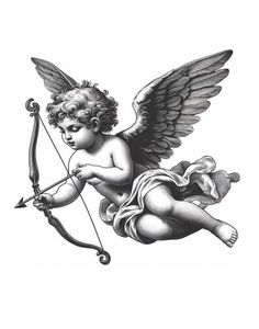 an angel with a bow and arrow is shown in this black and white drawing by person