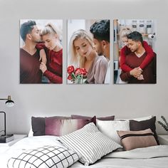 three pictures of a man and woman on the wall above a bed in a bedroom