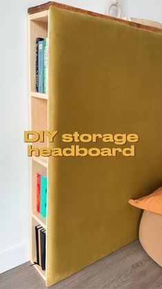 a bed with a book shelf next to it that says diy storage headboard