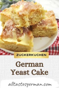 german yeast cake on a plate with text overlay