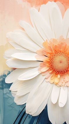 an orange and white flower is in front of a blue background with watercolors