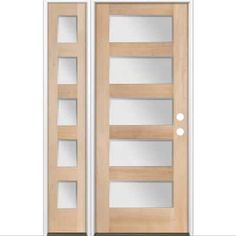 two wooden doors with glass inserts on each side and one has a mirror above the door