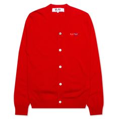 The concept of the Comme des Garcons PLAY line is design by not designing. Characterized by the iconic red heart logo designed by artist Filip Pagowski, the line is a collection of unisex basics, fragrances, and footwear for those who enjoy simplicity. Pictured is the Comme des Garcons PLAY Double Heart Cardigan in Red. COMME DES GARCONS PLAY APPAREL HAS A SMALLER FIT, WE RECOMMEND SIZING UP. 100% Lamb wool Ribbed edges Button closure Embroidered logo Made in Japan Style no: AZ-N058-051-5 Ralph Sampson, Heart Cardigan, Comme Des Garcons Play, Heart Logo, Japan Style, People Dress, Double Heart, Japan Fashion, Comme Des Garcons