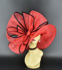 "✿*.Key Features: This red color has orange shade. 100% high quality Sinamay woven material, wide brim with Jumbo bows. It's more beautiful in person! Light and comfortable! Great for Kentucky derby, weddings, Royal Ascot, horse races, cocktails, tea party, or any hat wearing occasion. Hat base size: From front to back appr: 20.5\" (52cm) From left to right appr: 21.25\" (54cm) Wide brim Appr: 7~8\" Head girth: 22.5\" (57cm) , adjustable string inside to make smaller to fit your head. If you wan Red Fitted Hat For Gift, Red Fitted Hat As Gift, Red Fitted Hats As Gifts, Kentucky Derby Short Brim Top Hat Gift, Kentucky Derby Gift Top Hat With Short Brim, Red Brimmed Hat For Church, Red Brimmed Fascinator For Church, Red Brimmed Church Hat, Red Curved Brim Fascinator For Church