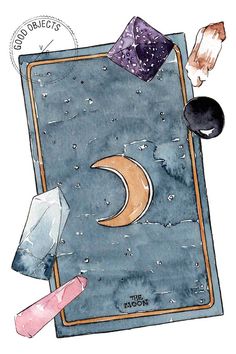 an illustration of a book with the moon and stars on it, surrounded by other items