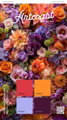 the color scheme for an artcoast magazine with flowers and colors in it, including orange