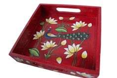 a red tray with flowers and a bird painted on it